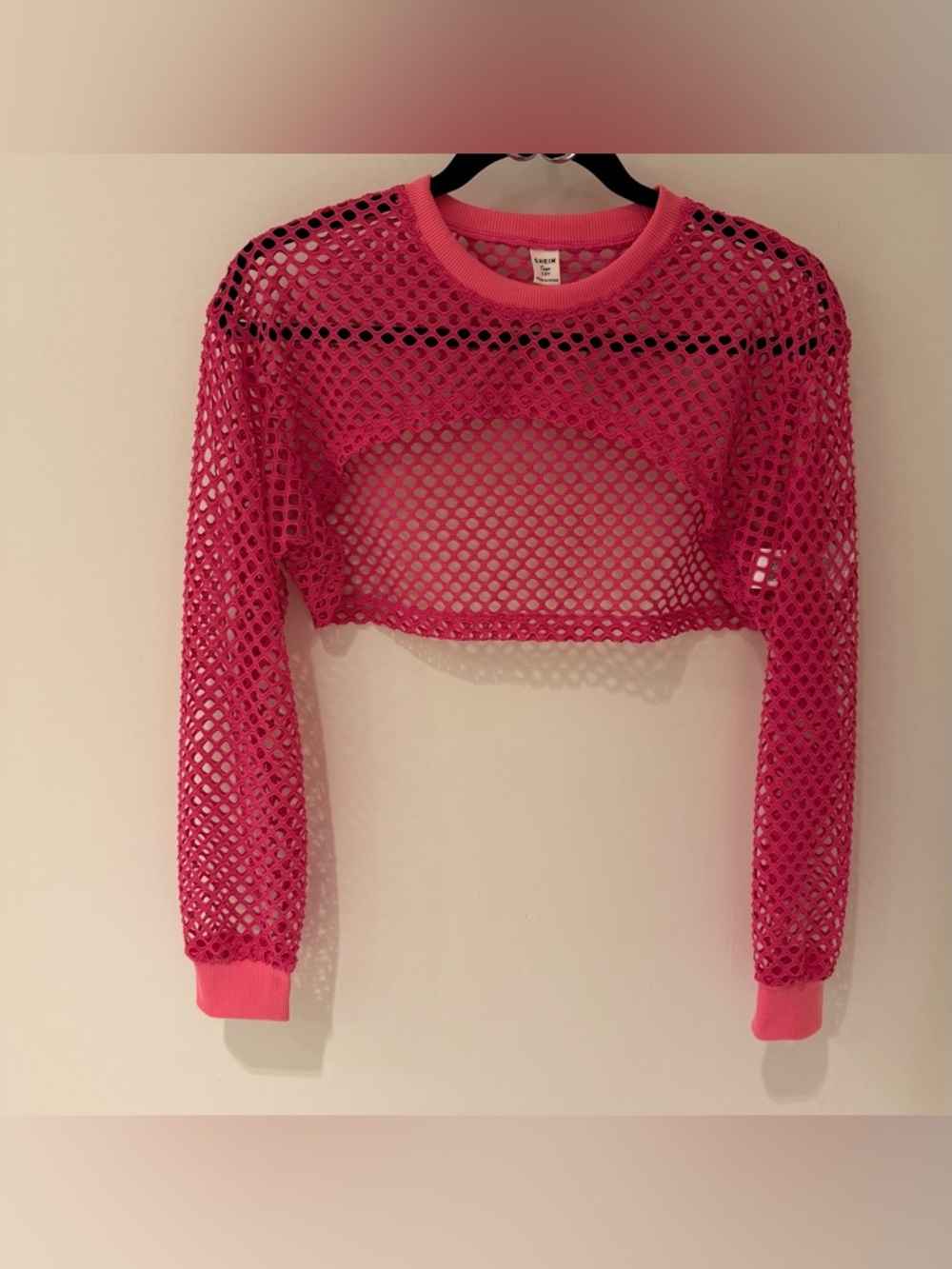 SHEIN Hot Pink Cropped Fishnet Long-Sleeve Top Size 13Y